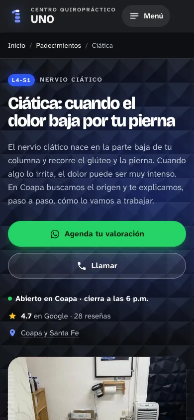 Página de ciática de la web de Centro Quiropráctico Uno en un celular
