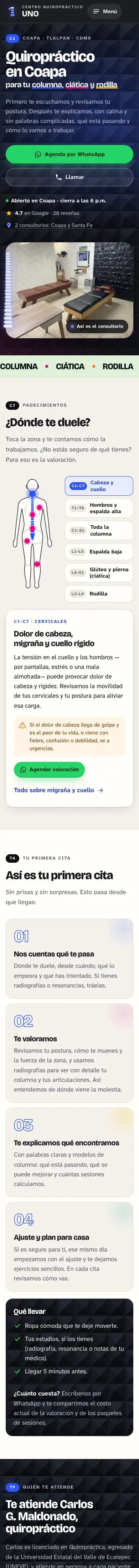 Recorrido por la web de Centro Quiropráctico Uno en un celular